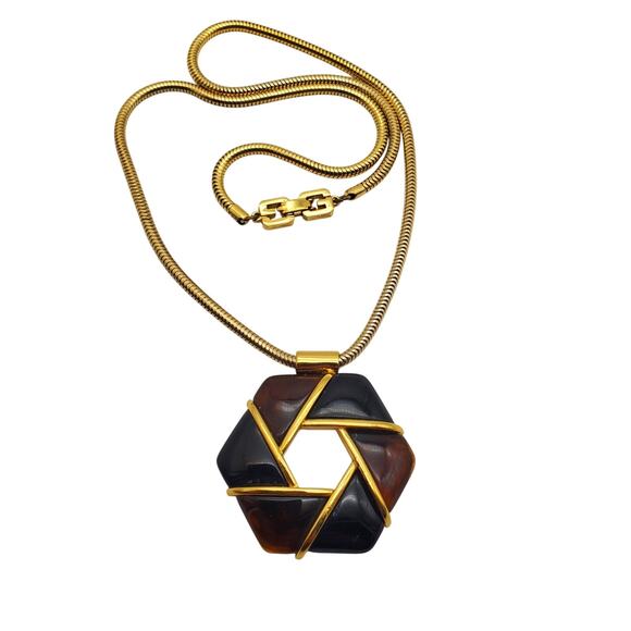 Givenchy Geometric Brown Pendant Necklace Snake Chain Vintage 1970s Designer - Picture 1 of 10